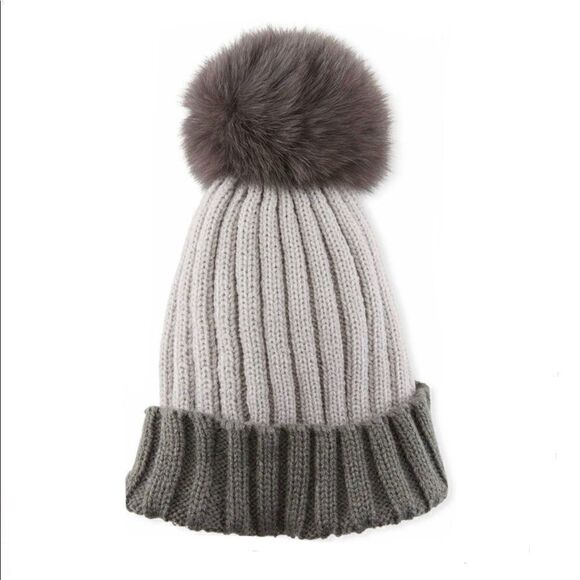 Adrienne Landau Merino Wool Fox Fur Pom Hat OS - Picture 1 of 6